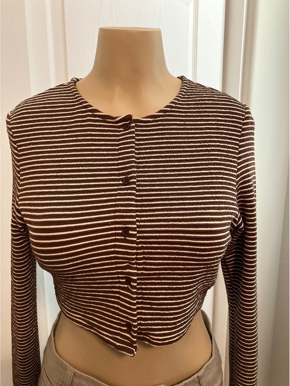 NIB Shein Brown and White Striped Long Sleeve Crop Top